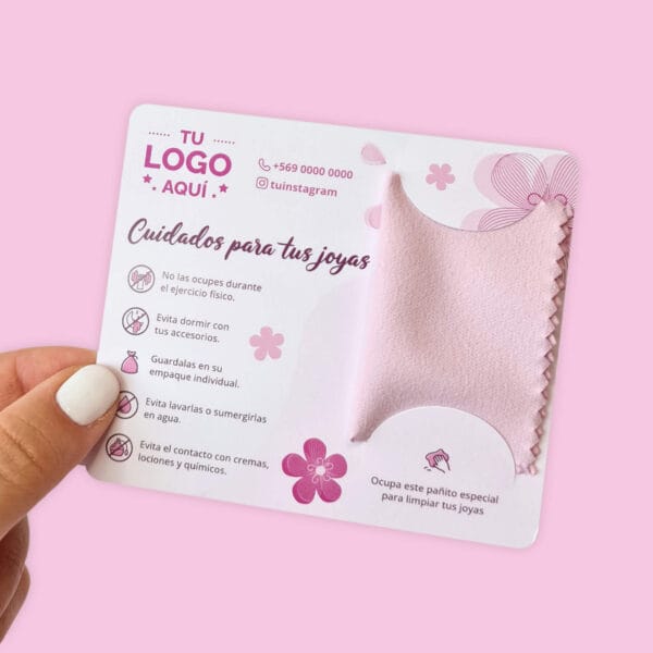 Tarjetas de cuidados para joyas 10x8,5cm, una cara, con pañito