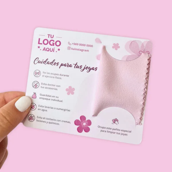 Tarjetas de cuidados para joyas 10x8,5cm, una cara, con pañito